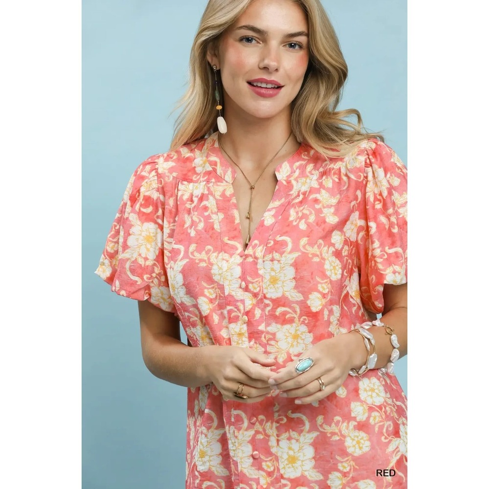 Umgee Floral Button-Front Short Sleeve Shirt Large - Picture 4 of 5